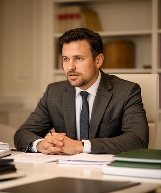 Mag. Thomas Berger am Konferenztisch mit Gesetzestexten und Notizen in einer Wiener Kanzlei