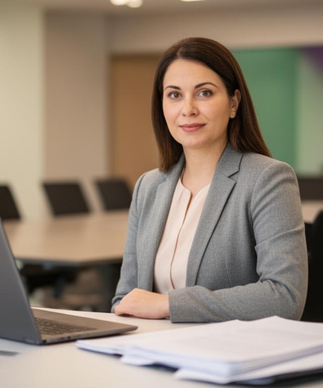 Dr. Anna Müller in einem modernen Besprechungsraum mit Blick auf Unterlagen und Laptop